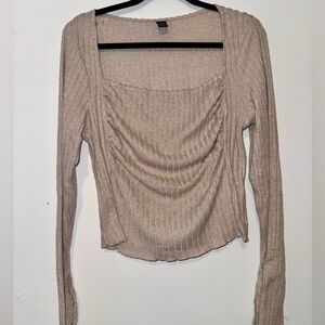 Beige Ribbed Long Sleeve Blouse Cropped